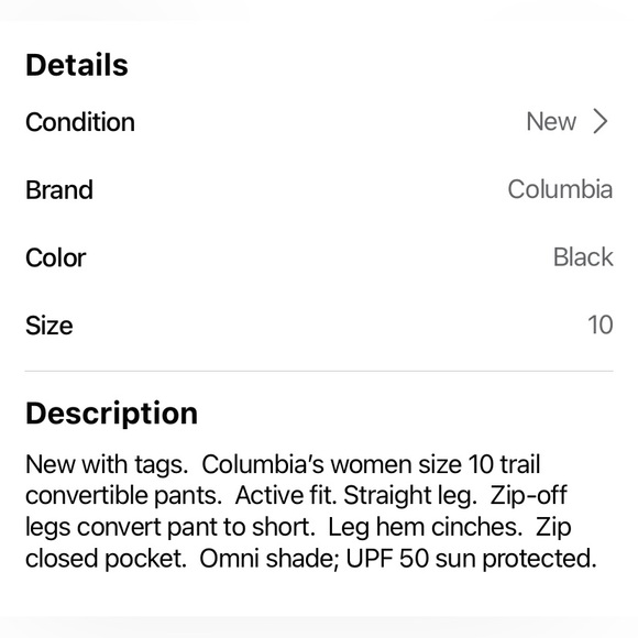 NWT Columbia Straight Leg Trail Convertible Pant - Picture 6 of 6